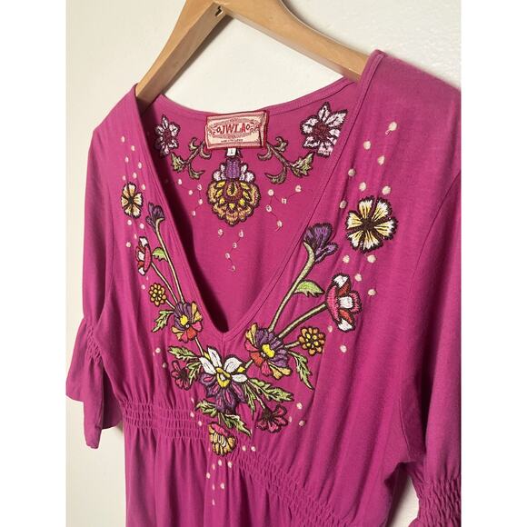 Johnny Was JWLA Embroidered Smocked Cotton Dress Sz Large Pink Floral Boho - Picture 5 of 9